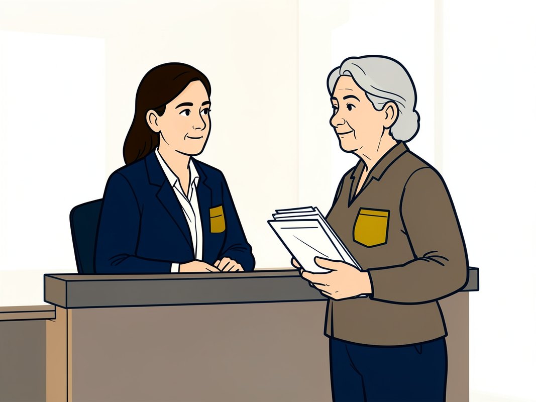 Ilustración de una funcionaria atendiendo a una mujer mayor en un mesón