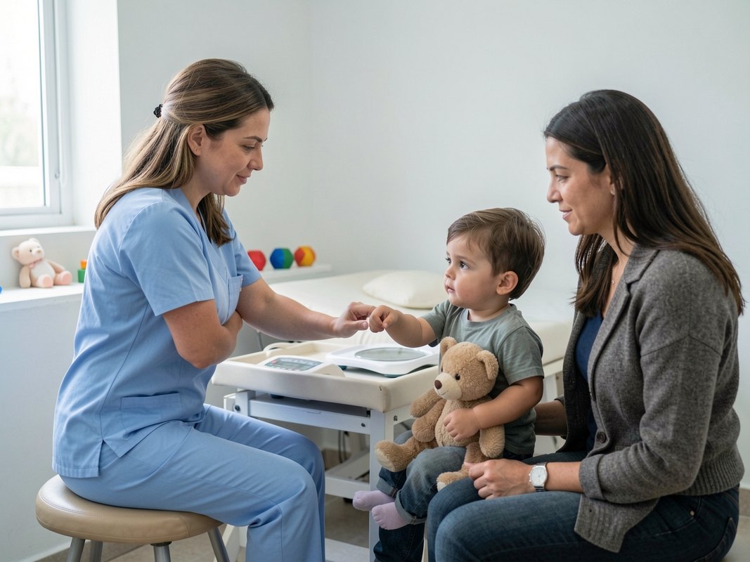 Profesional de salud interactuando con un niño junto a su madre en consulta