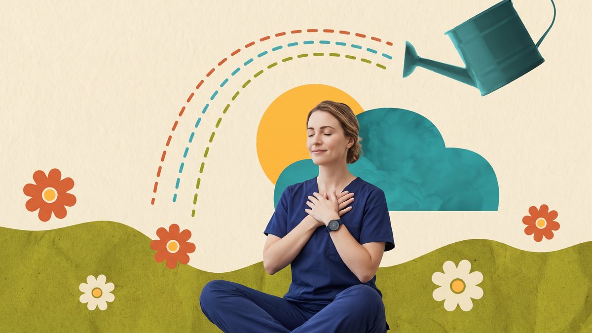 Profesional de salud con uniforme medita con las manos sobre el pecho
