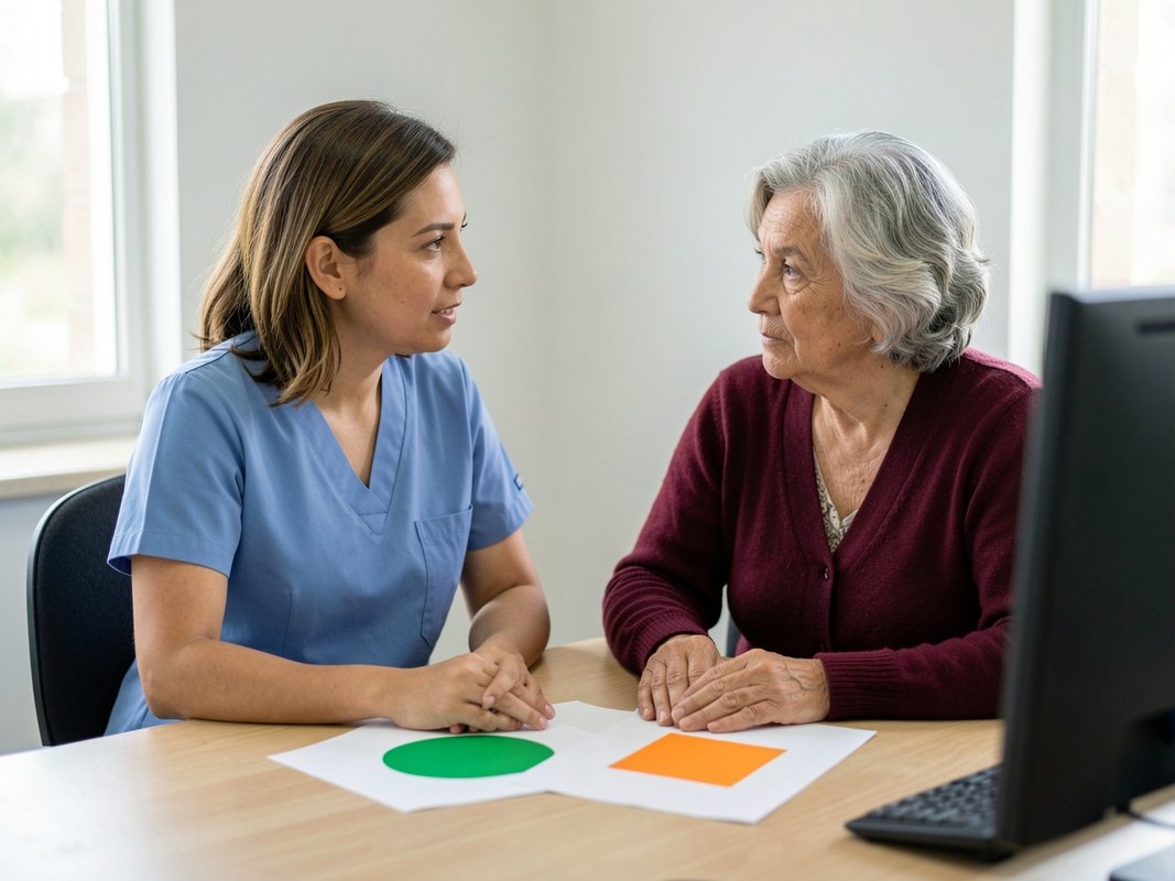 Profesional de salud conversando con una mujer mayor frente a tarjetas de colores