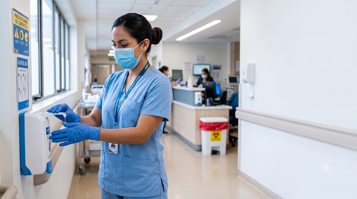Profesional de salud aplicando técnica de higiene de manos en ambiente hospitalario