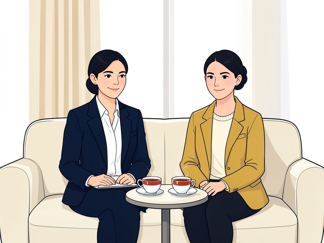 Ilustración de dos mujeres conversando en un sofá con tazas de té